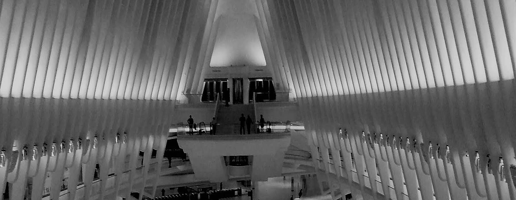 Black and white photo of the Oculus NYC