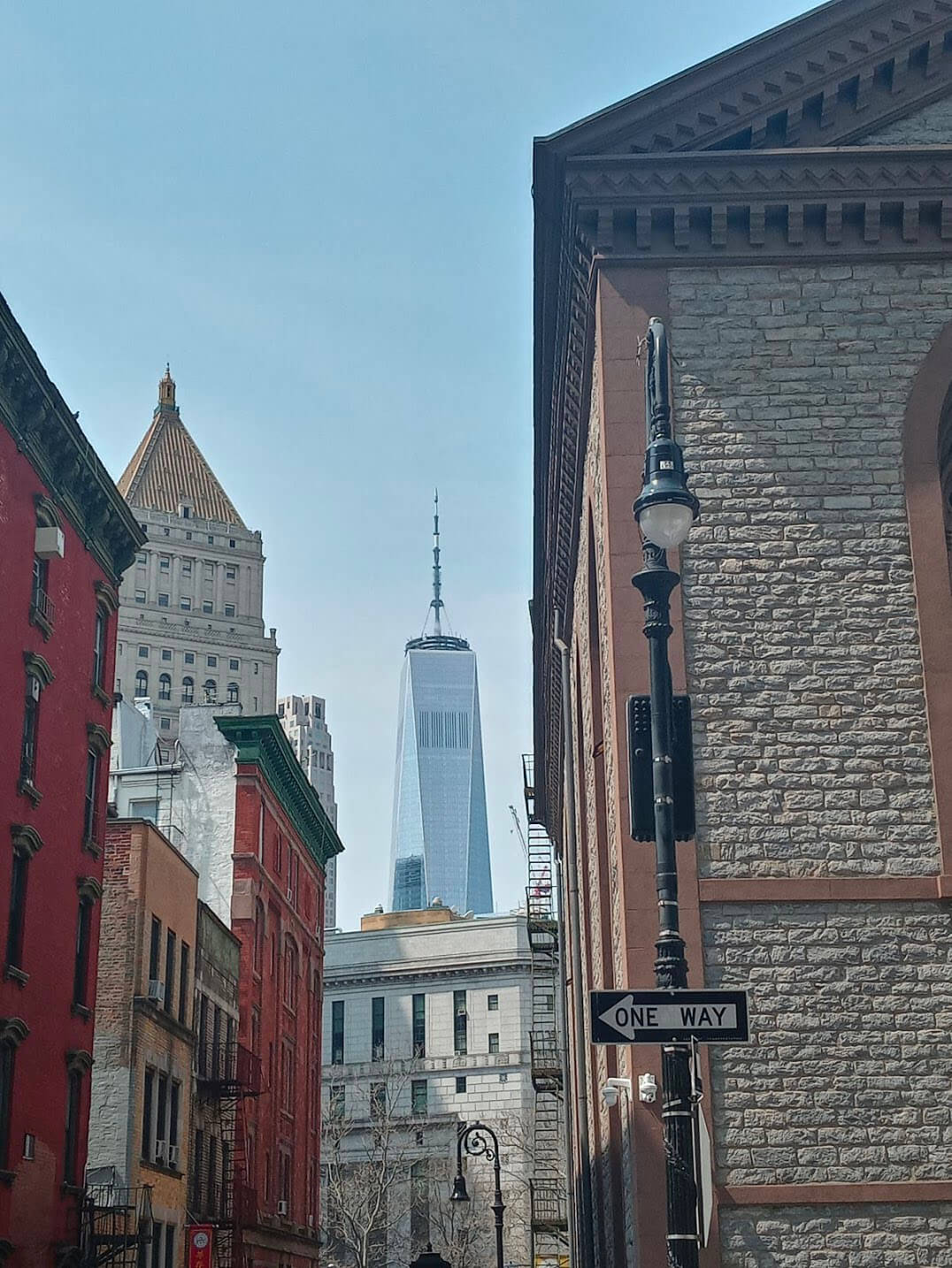 A street in Lower Manhattan with view of the Freedom Tower