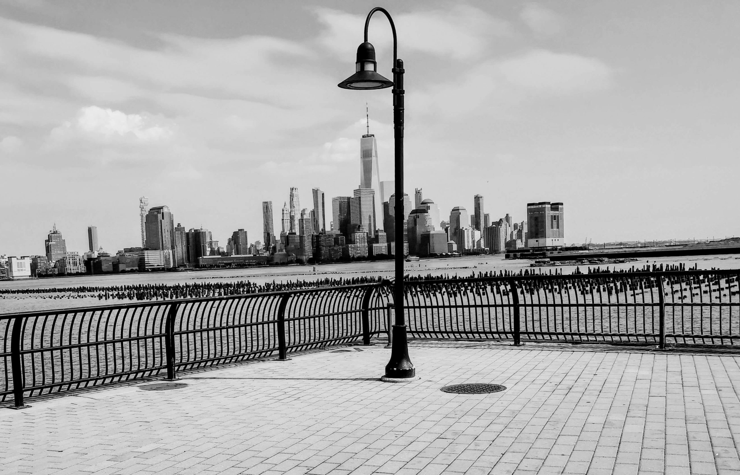 Black and white with lamppost and NYC skyline